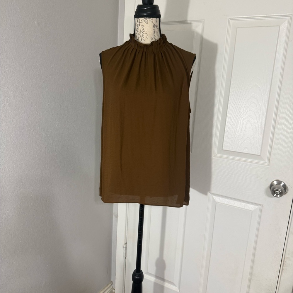 Worthington Brown Sleeveless Ruffle-Neck Blouse